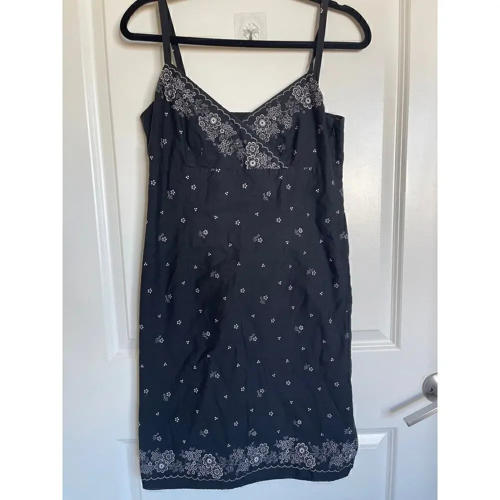 Anne Taylor LOFT 100% Cotton Black/Cream Floral Spaghetti Strap Dress S4 (SDR28)
